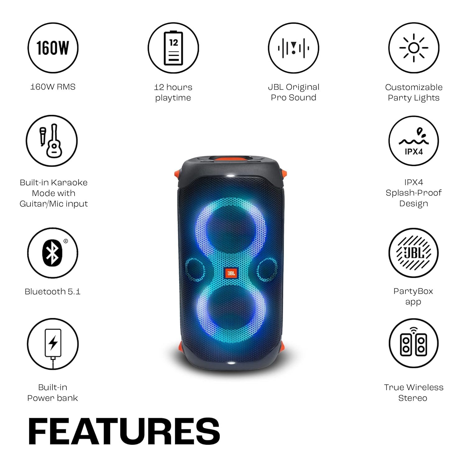 JBL Partybox 110, Wireless Bluetooth Party Speaker, 160W Monstrous Pro Sound, Dynamic Light Show, Upto 12Hrs Playtime, Built-in Powerbank, Guitar &amp; Mic Input, PartyBox App, Splashproof (Black) - View 9
